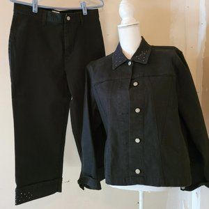 FDJ French Dressing Jeans 2 Pc Black Rhinestone Jacket & Cropped Pants Large
